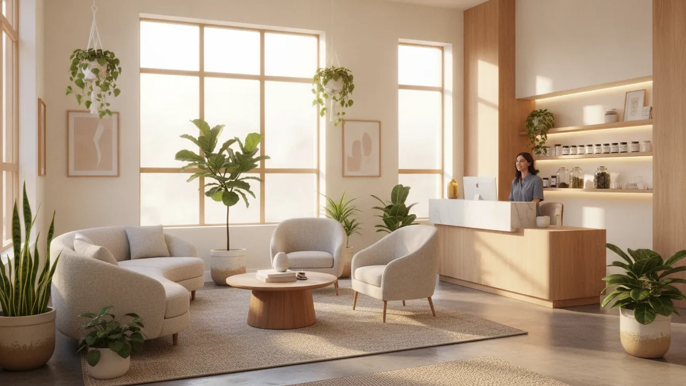 Functional medicine clinic interior in Costa Mesa, California with warm natural light welcoming patients