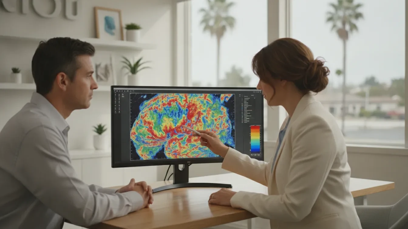 Functional medicine practitioner reviewing brain activity scan with patient in modern clinic