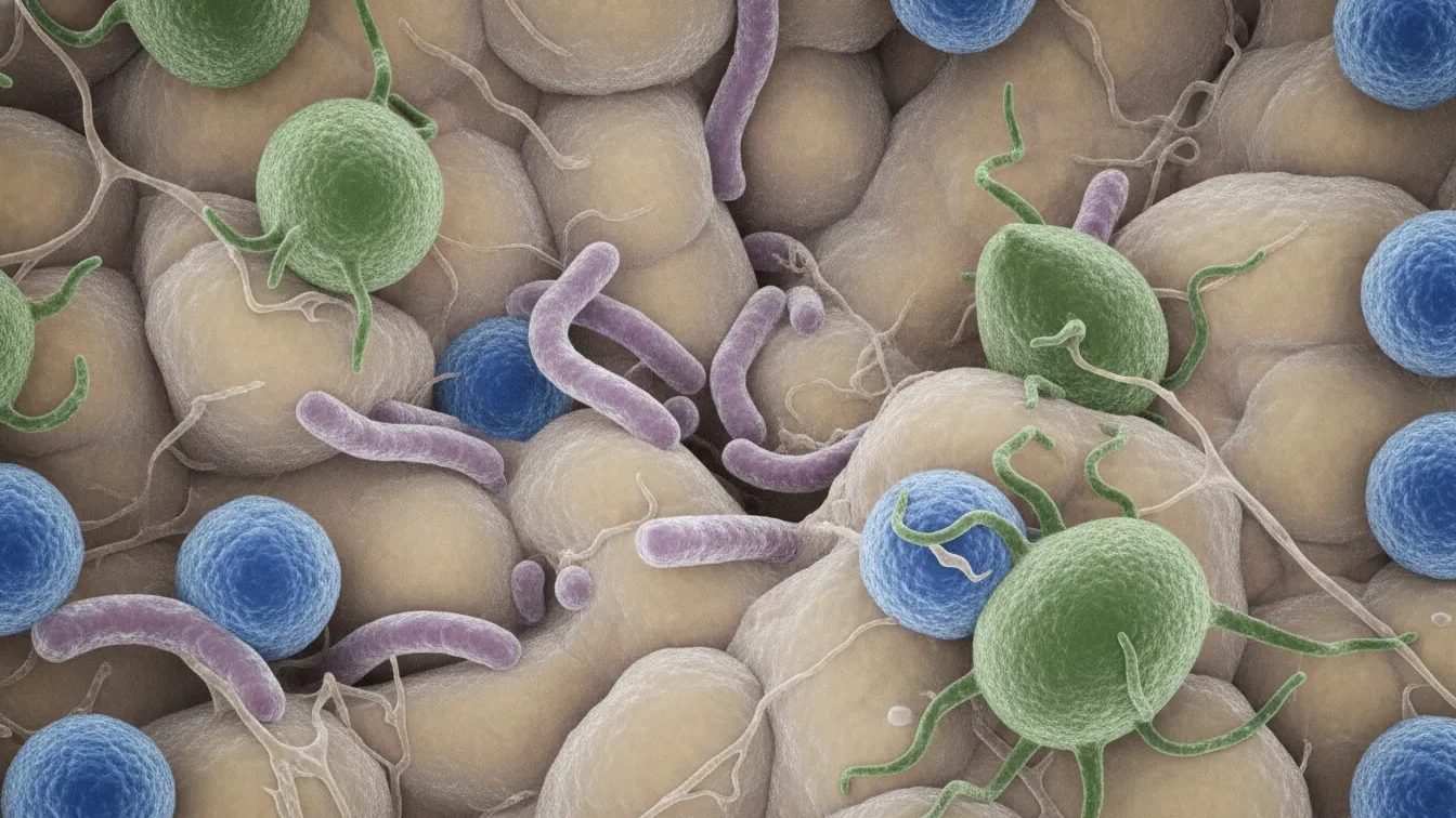 Microscopic visualization of Helicobacter pylori bacteria in the human stomach with surrounding immune cells, medical science illustration