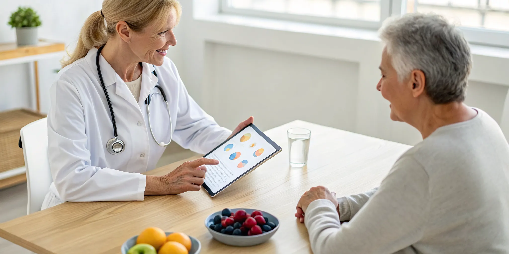 Doctor reviews a functional medicine plan for diabetes management with a patient on a tablet.