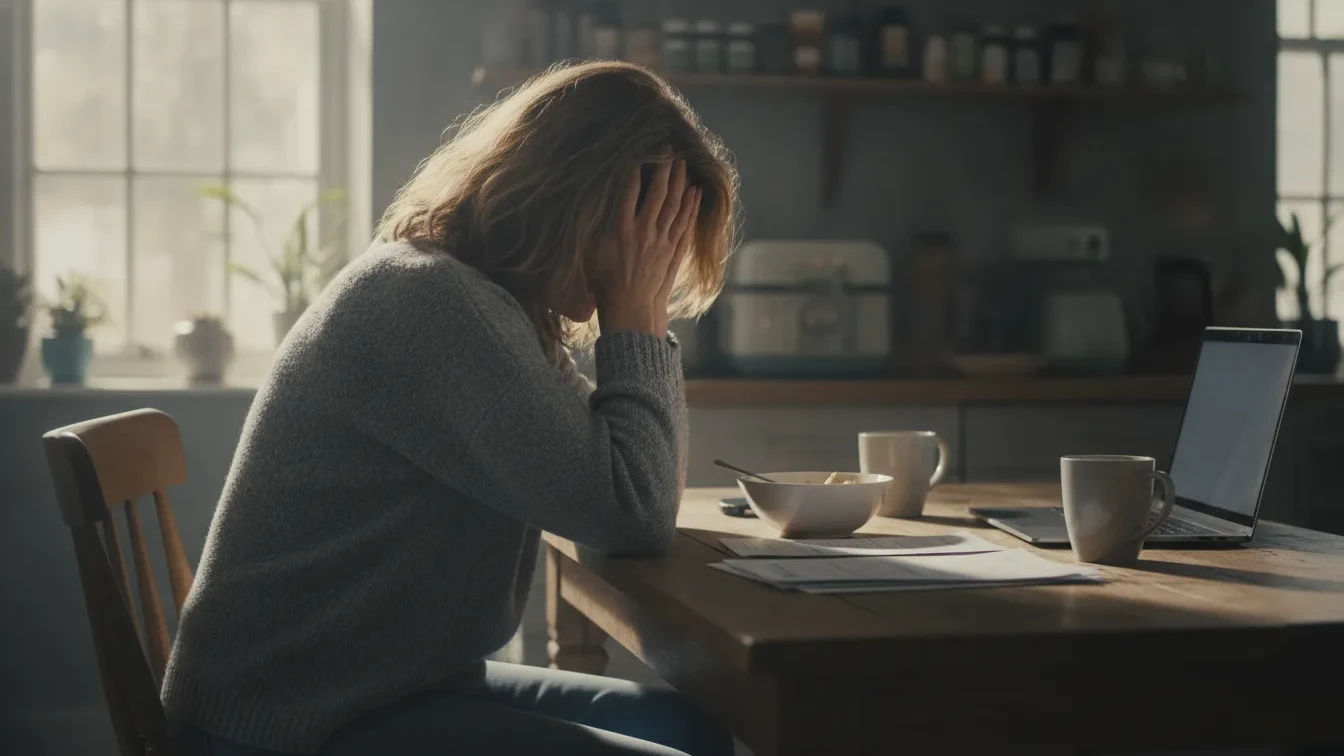 Woman with fatigued expression holding her head at a kitchen table, representing the exhaustion of living with mold toxicity symptoms