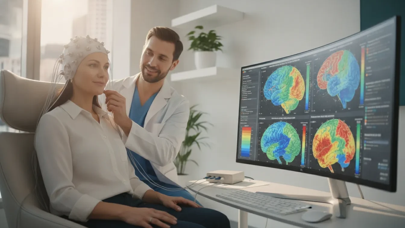 Patient undergoing QEEG brain mapping with a 19-sensor headset while brain activity displays on a computer screen