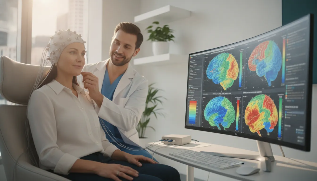Patient undergoing QEEG brain mapping with a 19-sensor headset while brain activity displays on a computer screen