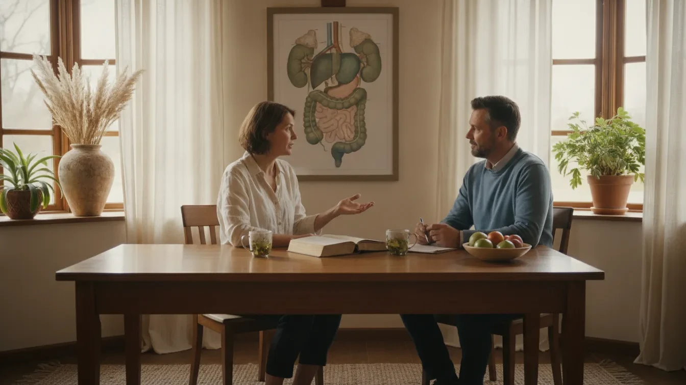 Functional medicine practitioner consulting with a patient in a warm office environment about dietary changes and gut health