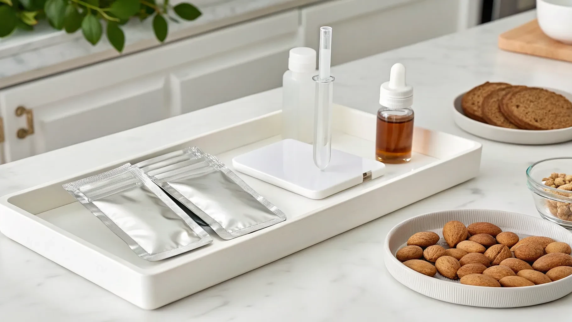 At-home food sensitivity test kit with almonds on a kitchen counter.