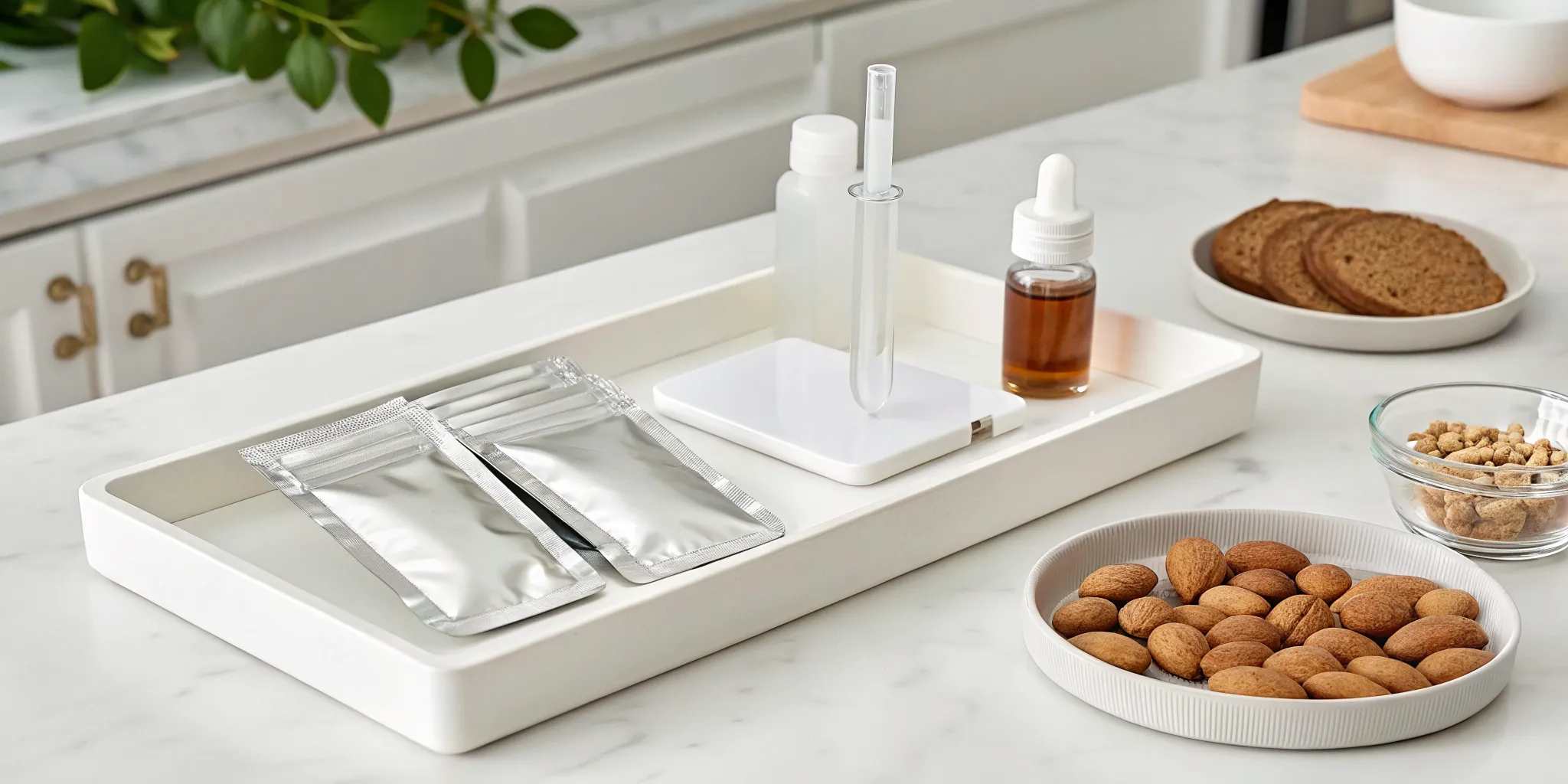 At-home food sensitivity test kit with almonds on a kitchen counter.