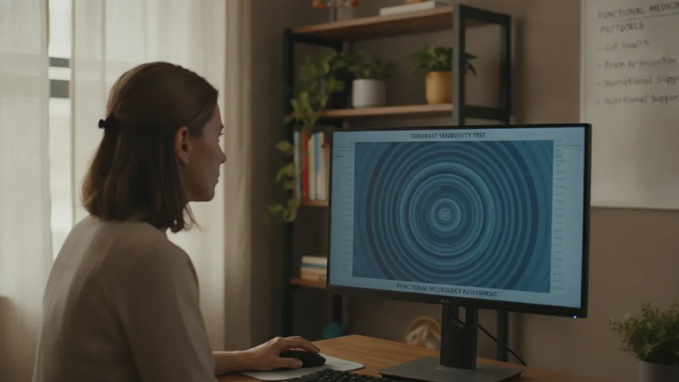 Patient viewing a visual contrast sensitivity test on a computer screen in a functional medicine office