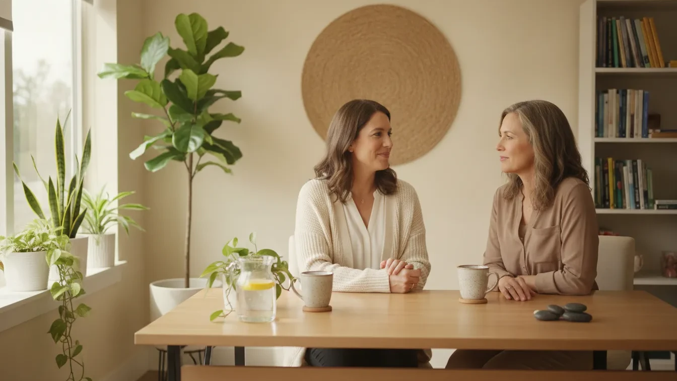 Functional medicine practitioner in a supportive consultation with an adult patient in a bright office