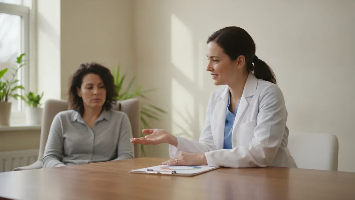 Functional medicine doctor consulting a fatigued adult patient in a wellness clinic