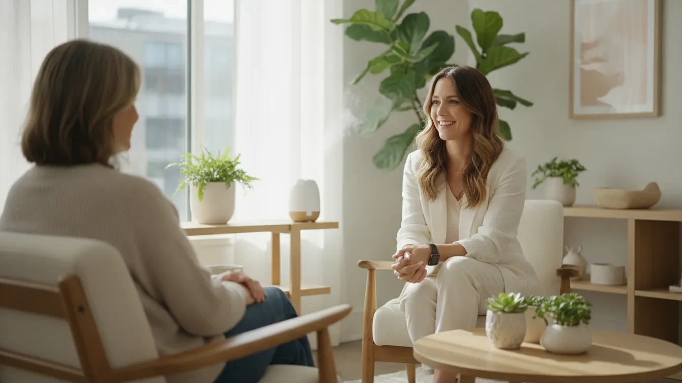 A functional medicine practitioner and patient having a warm, consultative conversation in a bright, calming wellness clinic