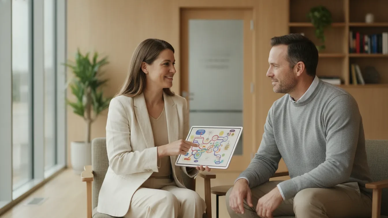 Functional medicine doctor consulting compassionately with an adult patient in a bright modern clinic in Orange County, California