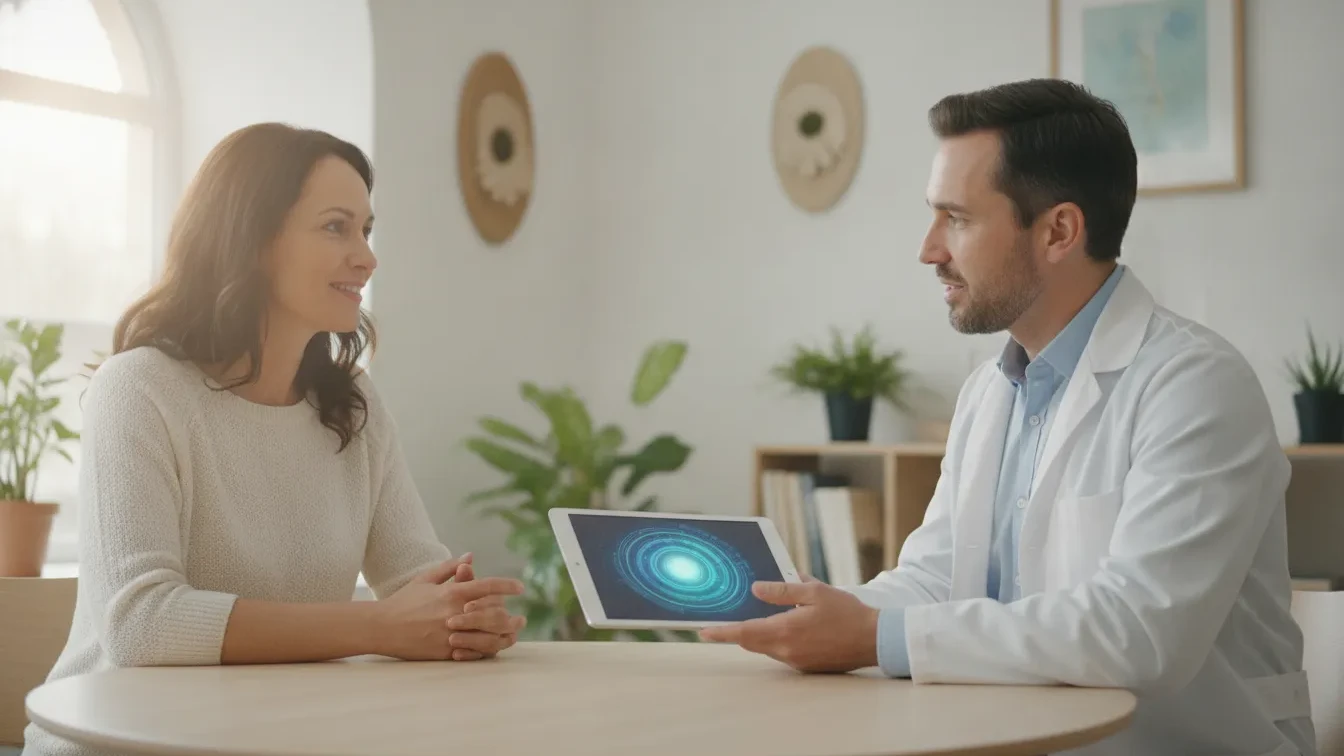 Functional medicine practitioner discussing a whole-body health plan with a patient in a calm Costa Mesa clinic