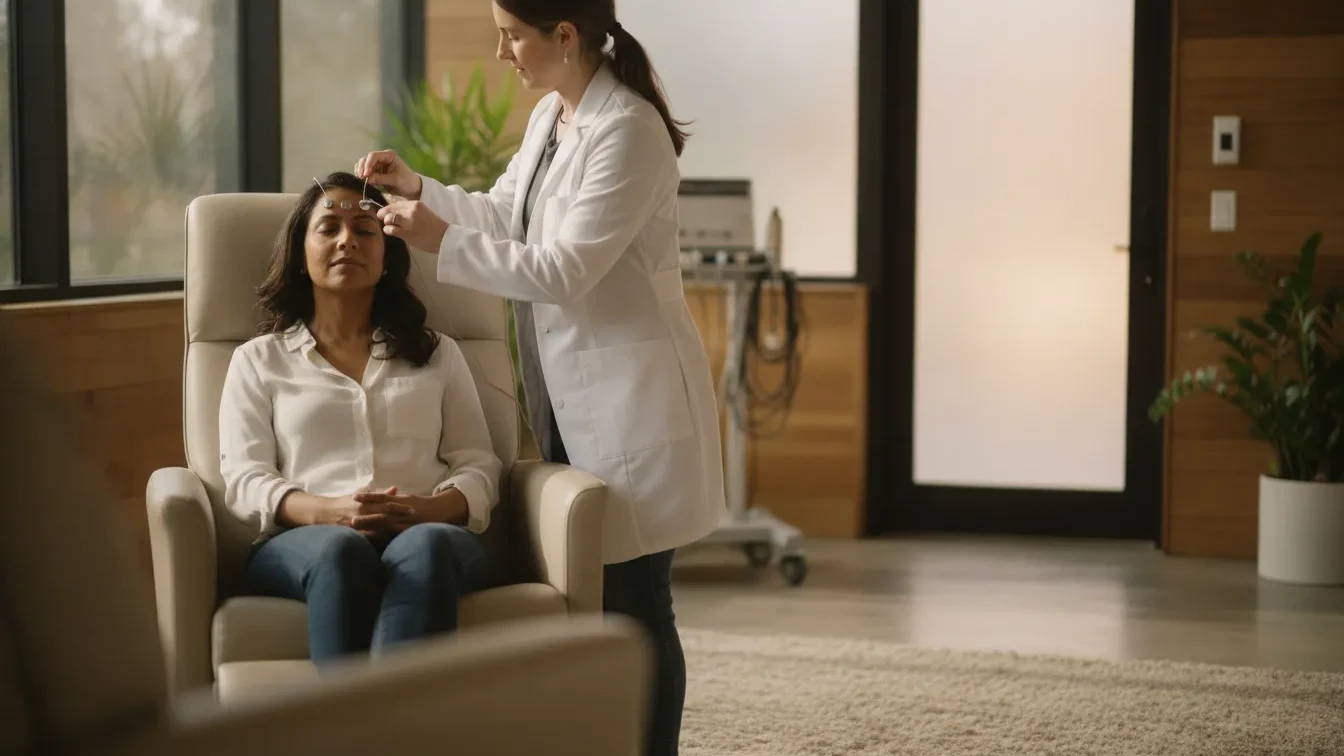 Adult receiving QEEG-informed neurofeedback in a calm wellness clinic