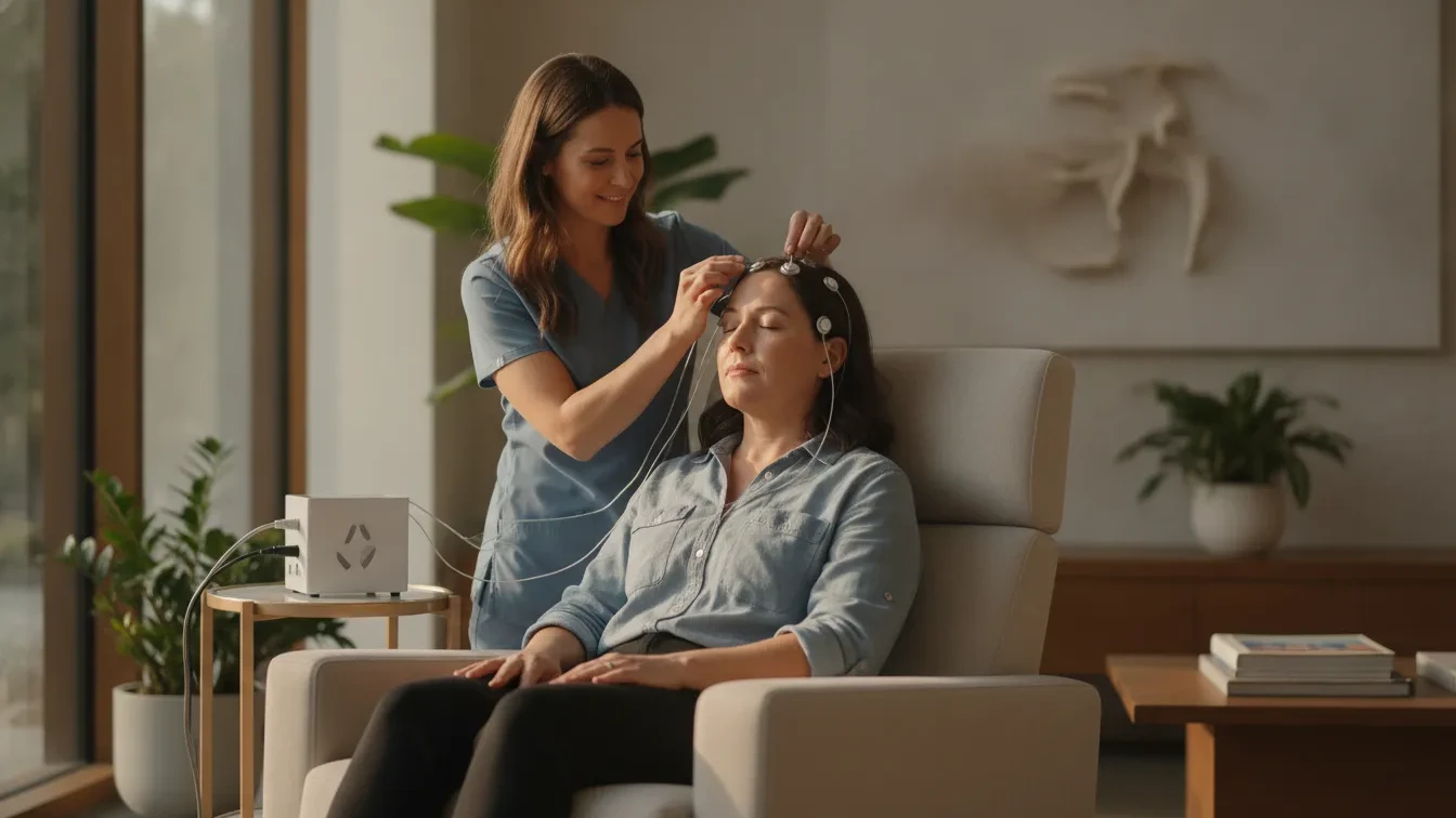 Adult receiving QEEG-informed neurofeedback in a calm wellness clinic
