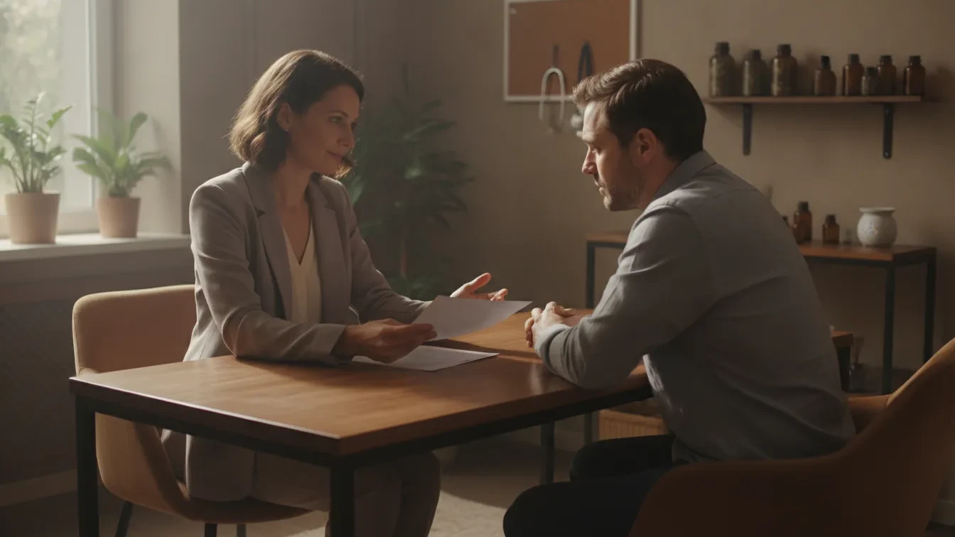 Functional medicine clinician reviewing thyroid lab results with a patient in a warm office