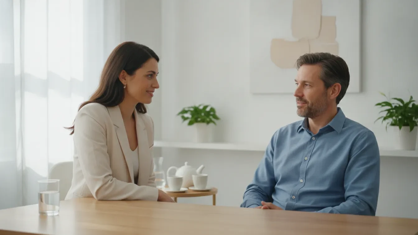 A warm, compassionate functional medicine doctor in conversation with an adult patient in a bright, modern clinic.