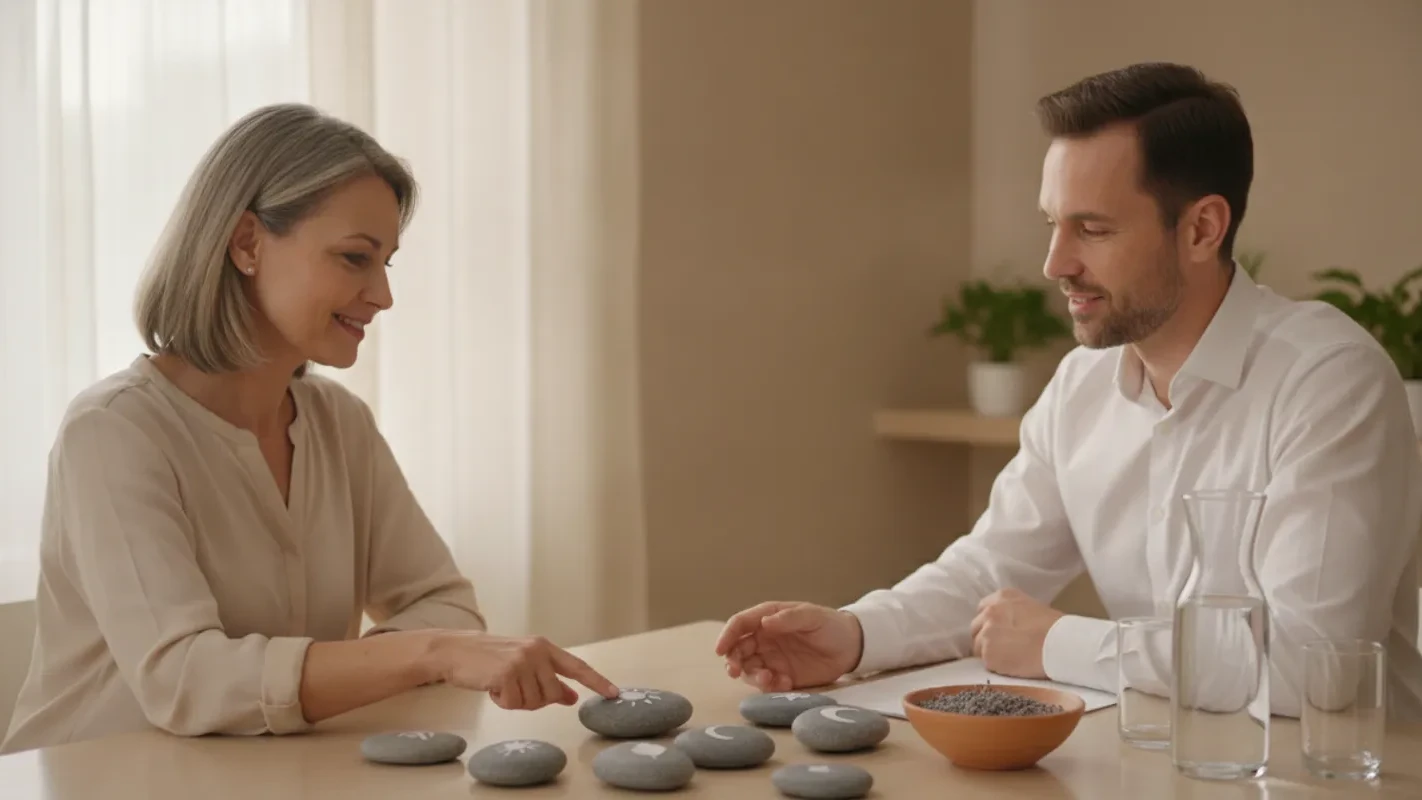 Patient and practitioner reviewing a personalized health plan in a calm consultation room
