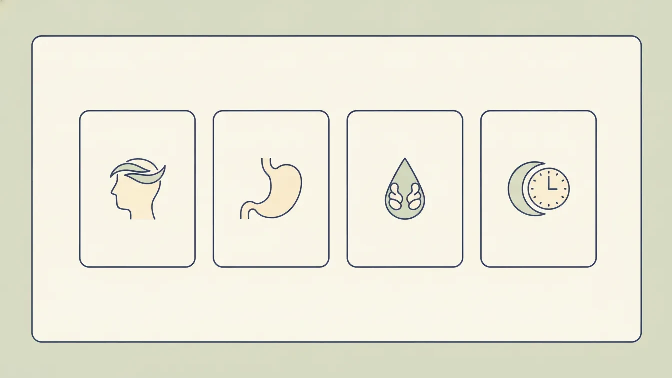 Four-part diagram of patterns to bring to a first visit: nervous system, gut, hormones, and sleep