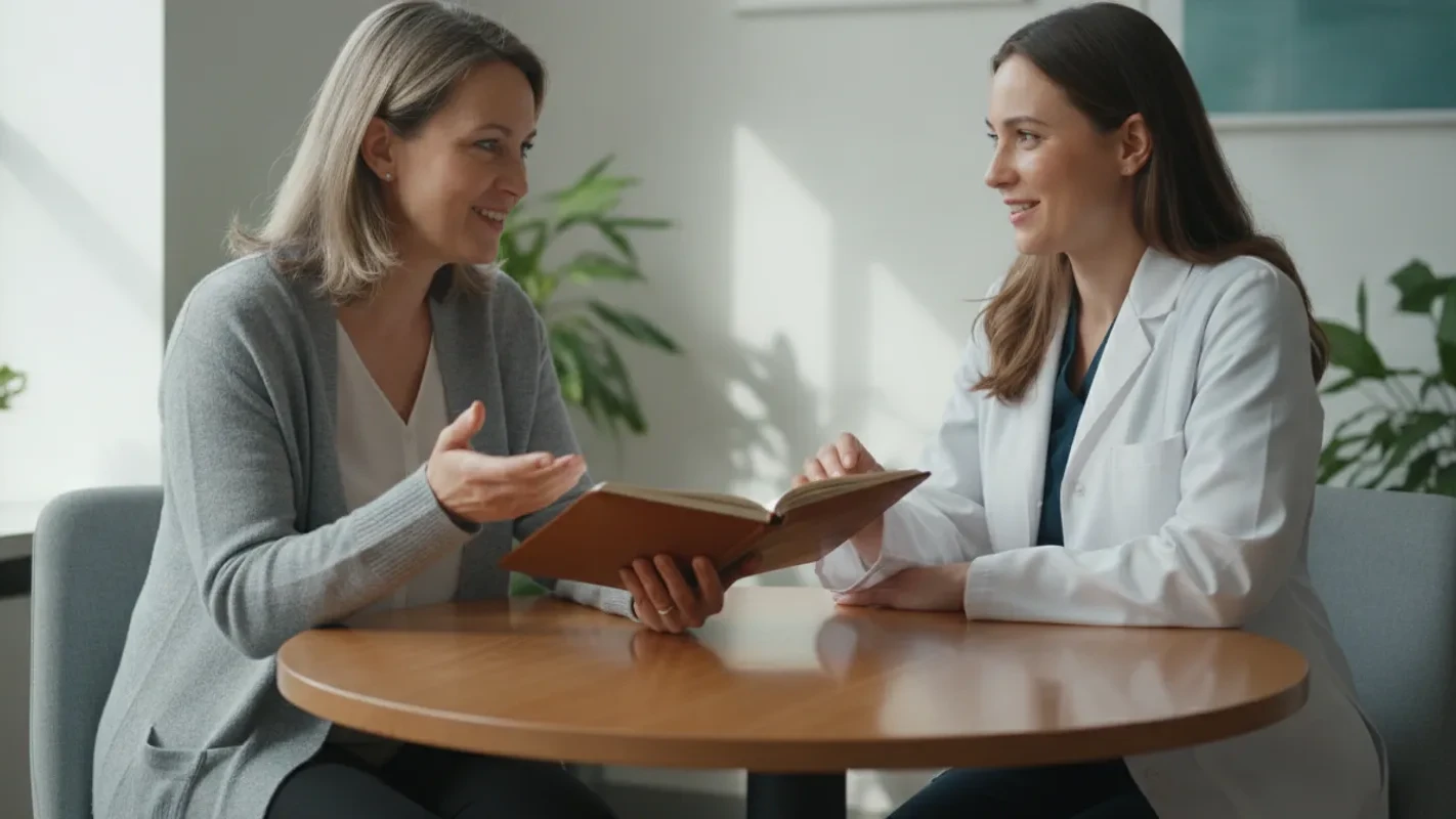 Patient reviewing lupus care questions with a clinician in a calm consultation room