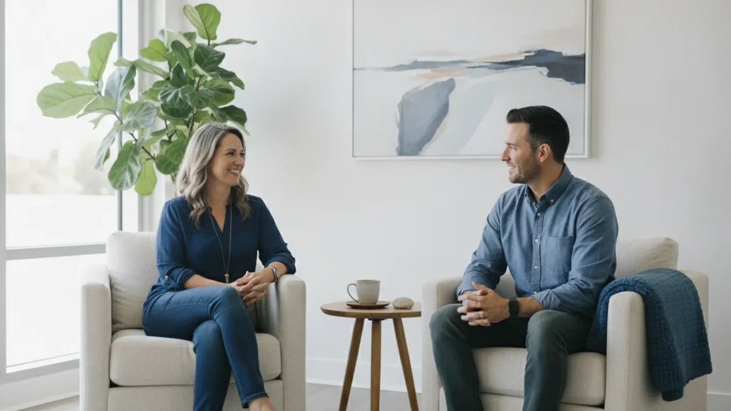 A patient talking with a clinician in a calm, bright consultation room after a concussion