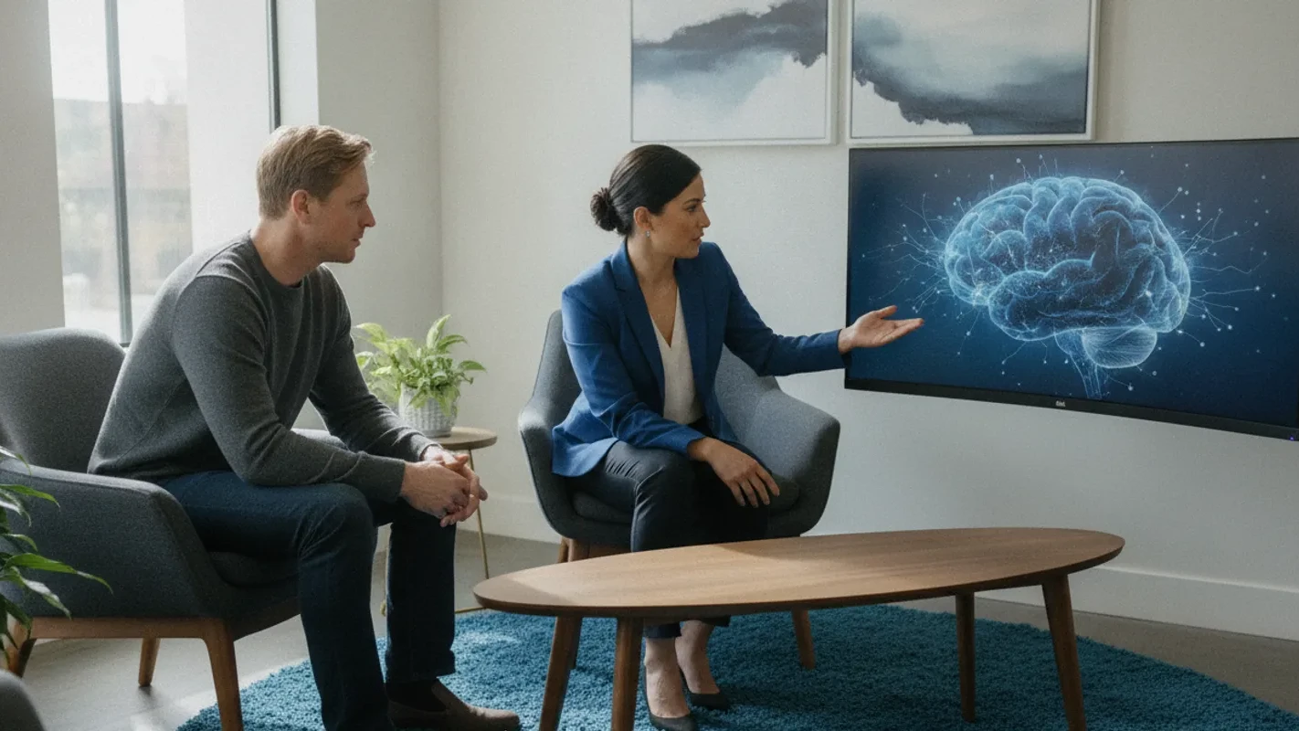 A clinician reviewing a brain activity assessment with an adult patient in a calm consultation room