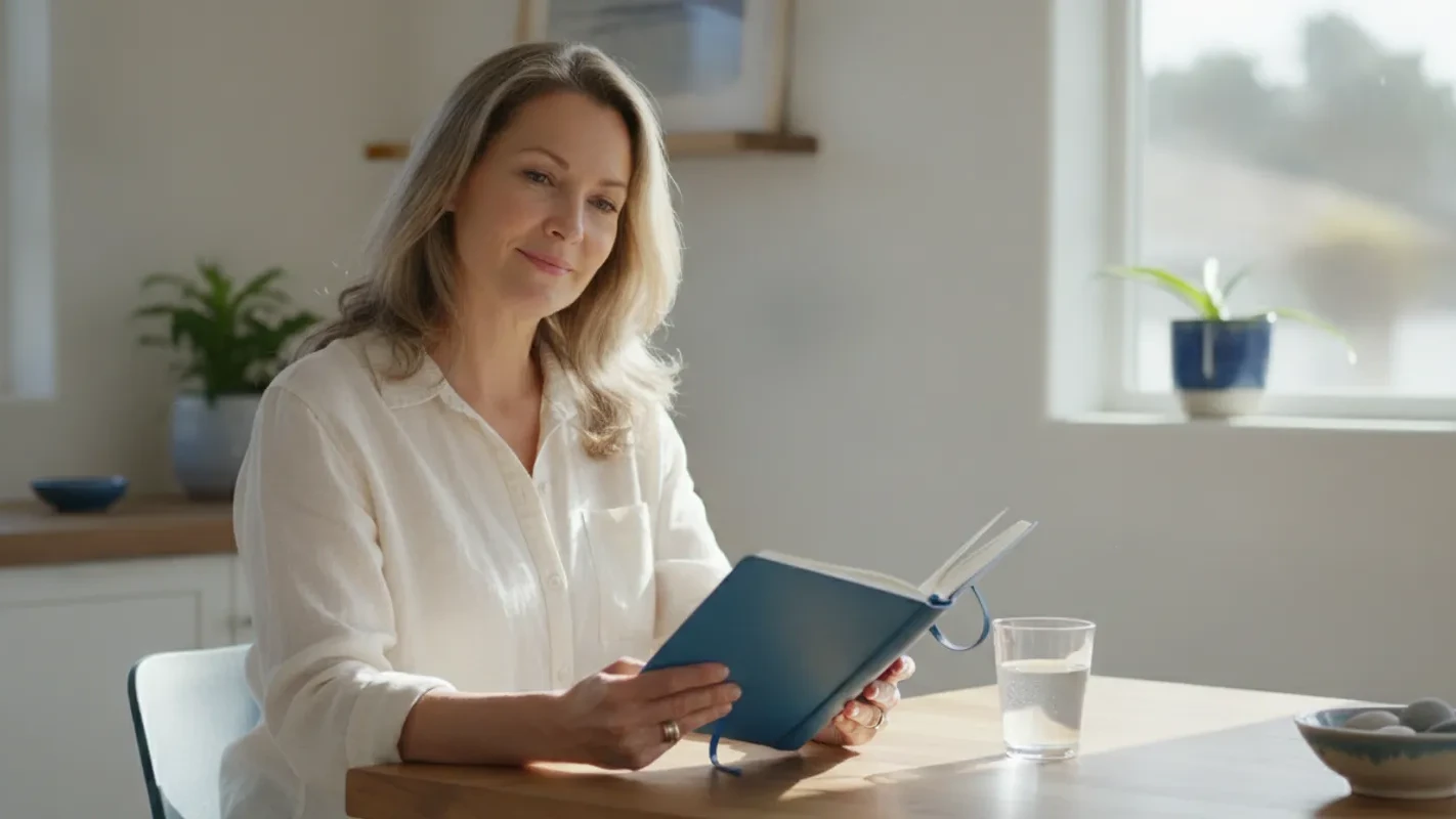 A woman sitting at a bright kitchen table reviewing notes and pausing to think