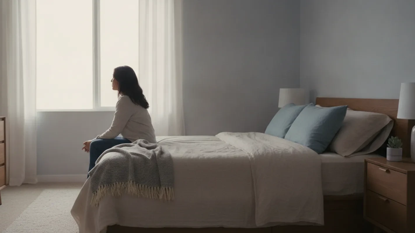 A quiet bedroom with soft morning light and a person sitting calmly at the bedside